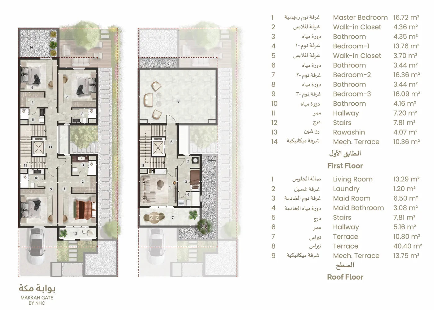Villa B — 1. kat ve çatı planı