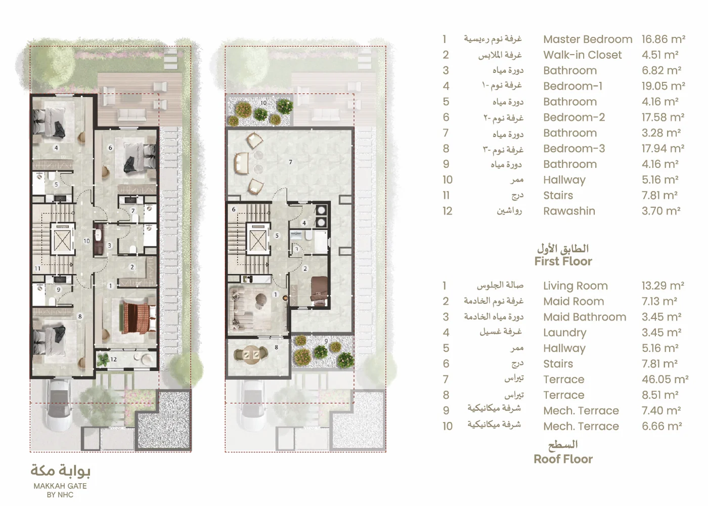 Villa C — 1. kat ve çatı planı